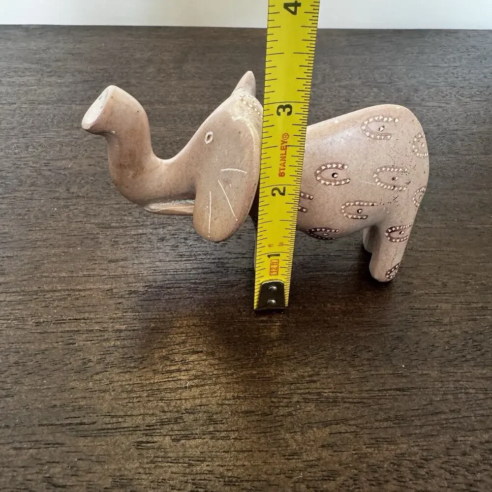 Vintage Hand Carved Soapstone Elephant Figurine Lucky Trunk Up Primitive Etched